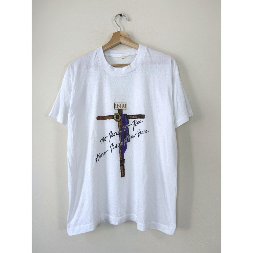 Vintage 80's No‎ Jesus No Peace White Single Stitch White Tee Shirt - Large